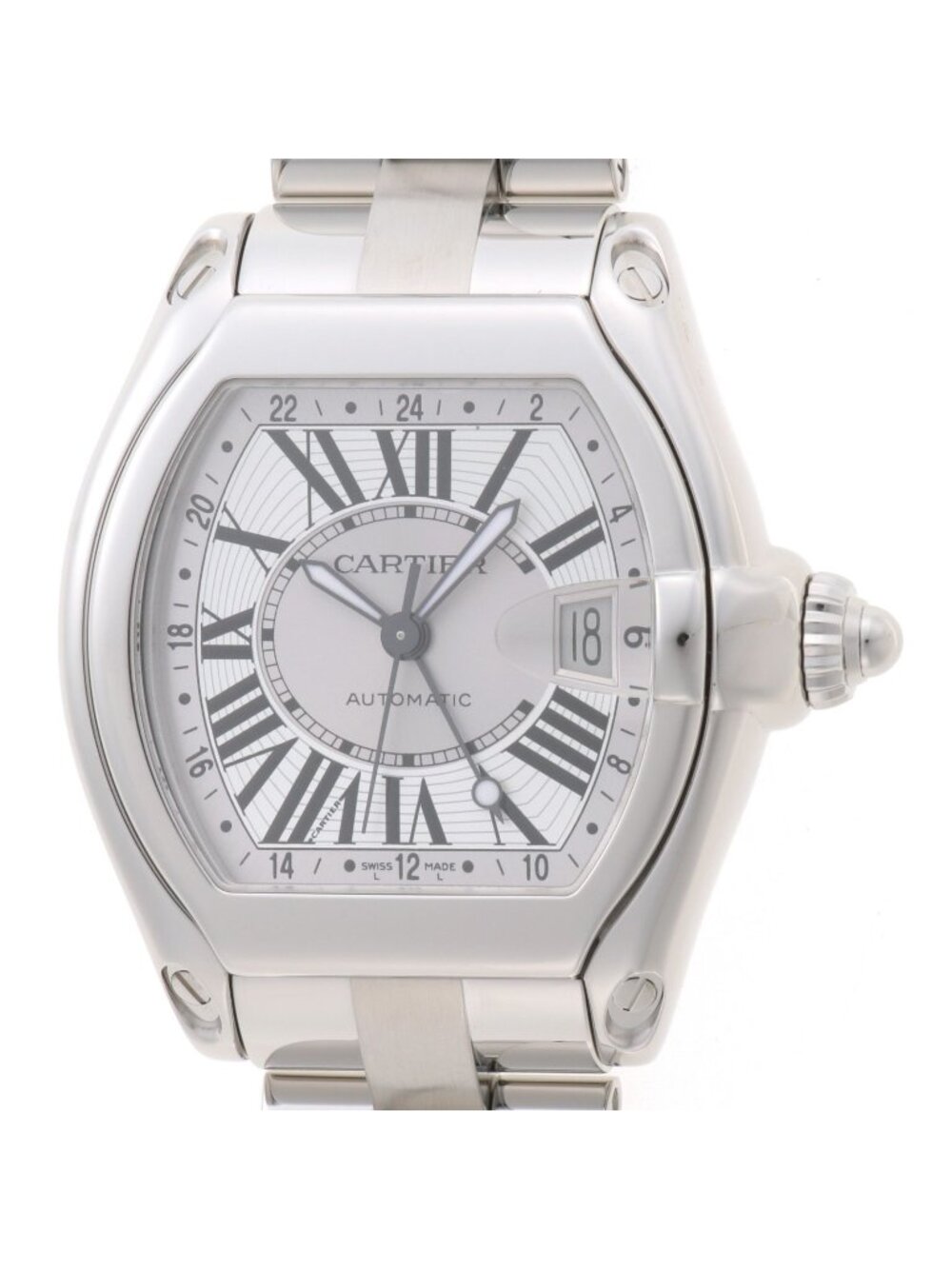 Cartier Roadster GMT XL Watch SS Stainless Steel Silver Rome Dial Automatic